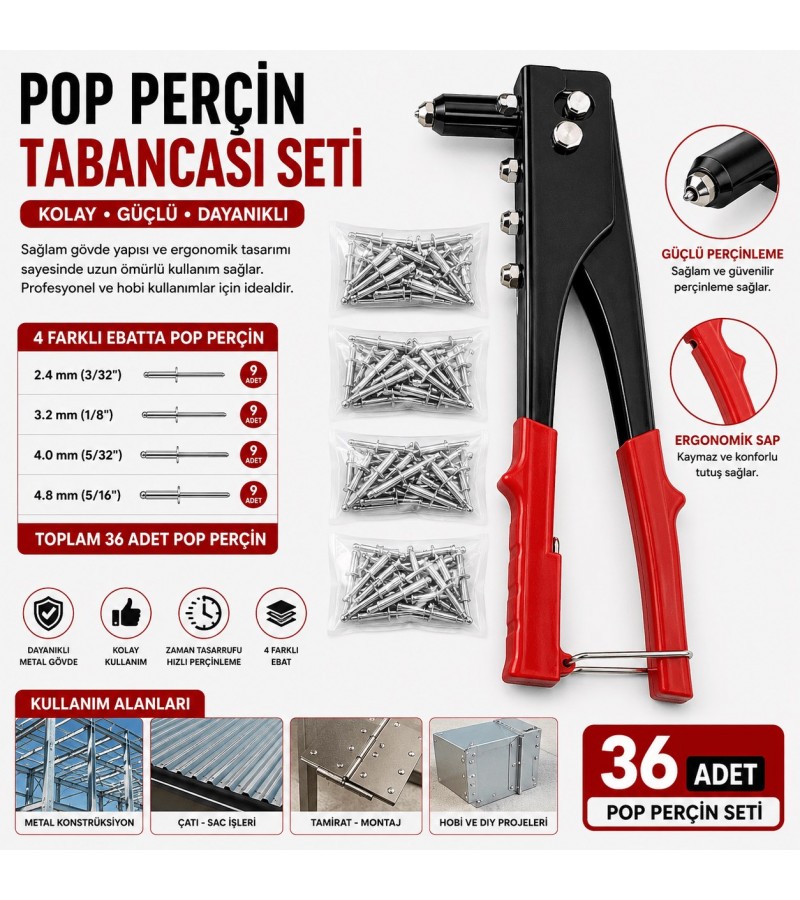Pop Perçin Tabancası Seti 4 Farklı Ebat 36 Adet Perçinli Pop Perçin Tabancası Seti 4 Farklı Ebat 36 Adet Perçinli