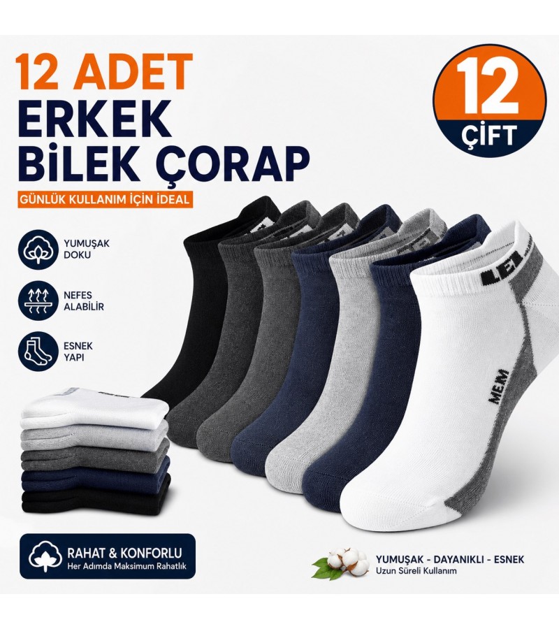 12 Çift Erkek Bilek Boy Yazlık Çorap, Nefes Alabilen, Terletmeyen, Koku Önleyici, Yumuşak Esnek Günlük Spor Çorabı, 41-44 Numara