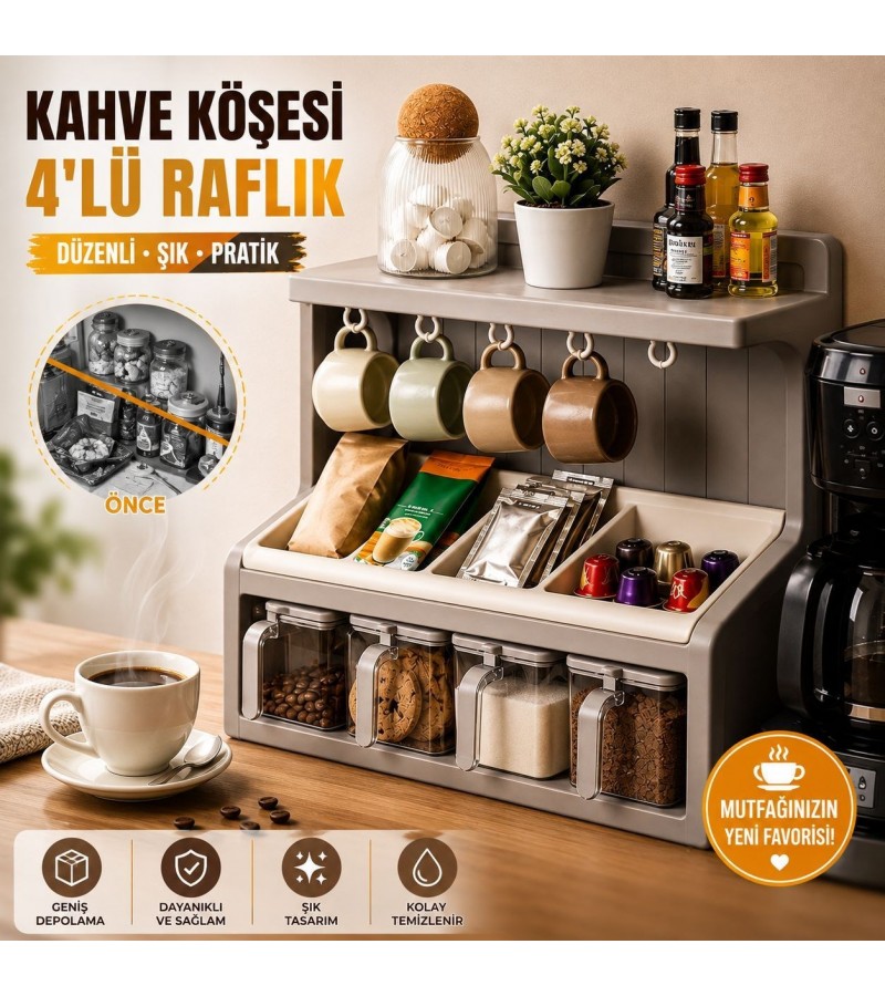 4’lü Kahve Köşesi Düzenleyici Raf – Kupa Askılı Çok Bölmeli Mutfak Tezgah Üstü Organizer, Kahve Kapsülü, Çay, Baharat ve Kavanoz Saklama Rafı 4’lü Kahve Köşesi Düzenleyici Raf – Kupa Askılı Çok Bölmeli Mutfak Tezgah Üstü Organizer, Kahve Kapsülü, Çay, Baharat ve Kavanoz Saklama Rafı