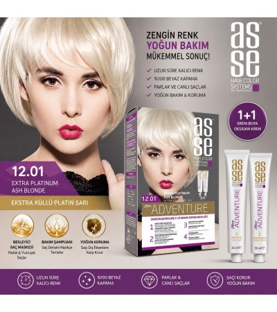 Asse New Adventure 12.01 Ekstra Küllü Platin Sarı Saç Boyası – Kalıcı Krem Saç Boyası, Oksidan Krem ve 3’lü Bakım İçeren Boya Kiti Asse New Adventure 12.01 Ekstra Küllü Platin Sarı Saç Boyası – Kalıcı Krem Saç Boyası, Oksidan Krem ve 3’lü Bakım İçeren Boya Kiti
