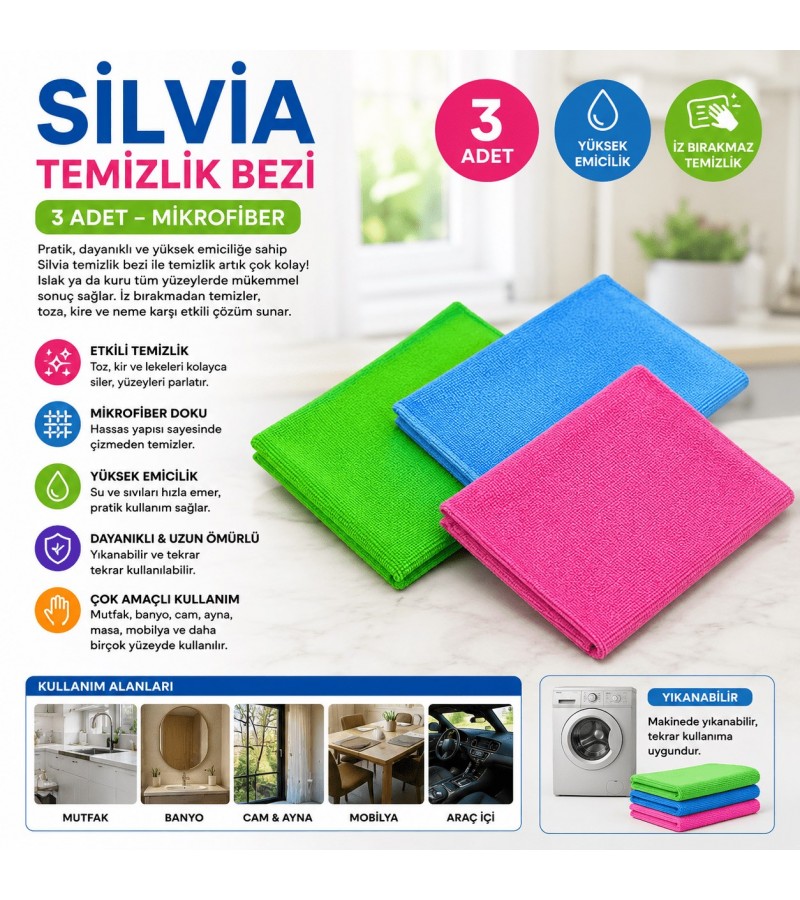 Silvia Mikrofiber Temizlik Bezi 3'lü Set | Çok Amaçlı Yüksek Emici Temizlik Bezi Silvia Mikrofiber Temizlik Bezi 3'lü Set | Çok Amaçlı Yüksek Emici Temizlik Bezi