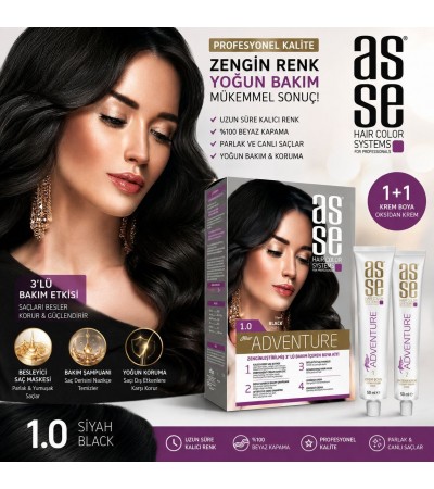 Asse New Adventure 1.0 Siyah Saç Boyası – 3’lü Bakım İçeren Kalıcı Krem Boya Kiti, Oksidan Krem, Bakım Şampuanı ve Besleyici Saç Maskesi Asse New Adventure 1.0 Siyah Saç Boyası – 3’lü Bakım İçeren Kalıcı Krem Boya Kiti, Oksidan Krem, Bakım Şampuanı ve Besleyici Saç Maskesi