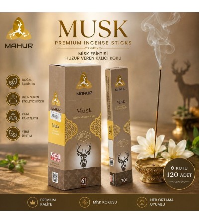 Mahur Musk Misk Tütsü 120 Adet – 6 Kutu x 20 Çubuk, Premium Misk Kokulu Çubuk Tütsü, Ev ve Ortam Kokulandırma İçin
