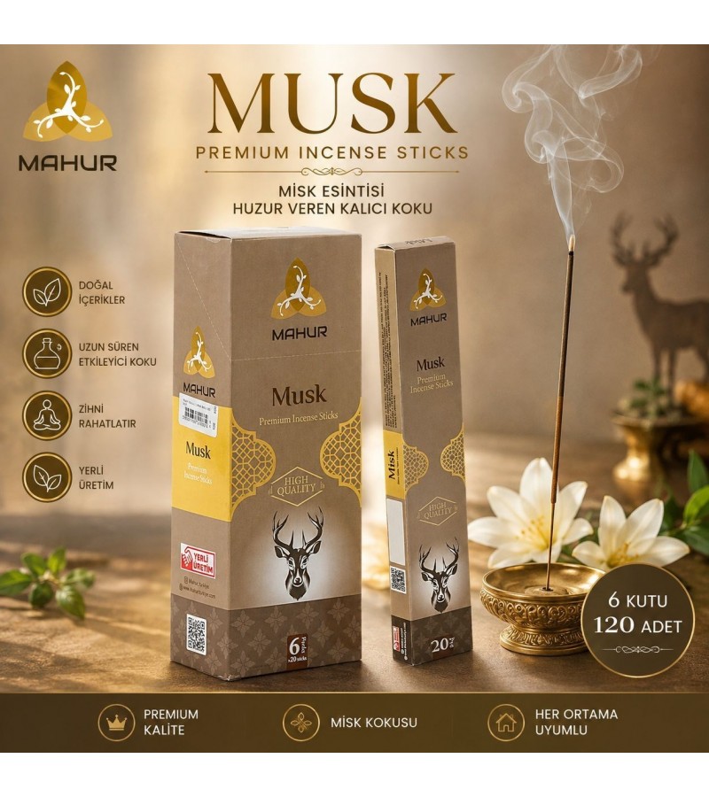 Mahur Musk Misk Tütsü 120 Adet – 6 Kutu x 20 Çubuk, Premium Misk Kokulu Çubuk Tütsü, Ev ve Ortam Kokulandırma İçin