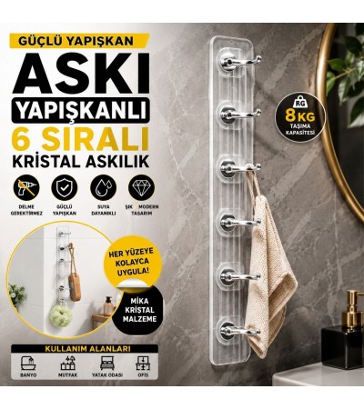 6 Sıralı Yapışkanlı Kristal Askılık – Delme Gerektirmeyen Şeffaf Mika Duvar Askısı, Banyo, Mutfak ve Antre İçin Çok Amaçlı 6 Kancalı Düzenleyici 6 Sıralı Yapışkanlı Kristal Askılık – Delme Gerektirmeyen Şeffaf Mika Duvar Askısı, Banyo, Mutfak ve Antre İçin Çok Amaçlı 6 Kancalı Düzenleyici
