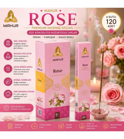 Mahur Rose Gül Kokulu Tütsü 120 Adet – 6 Kutu x 20 Çubuk, Premium Çubuk Tütsü, Ev Ofis Yoga Meditasyon ve Ortam Kokulandırma İçin