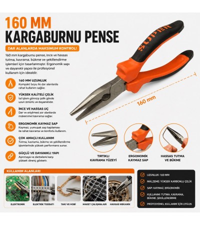 160 mm Kargaburnu Pense | Profesyonel Uzun Burun Pense | Ergonomik Kaymaz Saplı