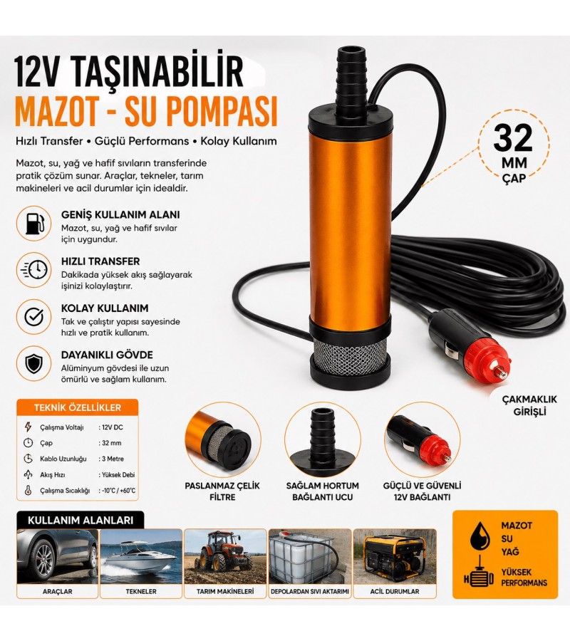 12 V Çakmaklık Girişli 32 mm Mazot ve Sıvı Transfer Pompası 12 V Çakmaklık Girişli 32 mm Mazot ve Sıvı Transfer Pompası