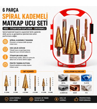 6 Parça Spiral Kademeli kutulu Matkap Ucu Seti | HSS Titanyum Kaplama Konik Delik Açma ve Genişletme Uçları 6 Parça Spiral Kademeli kutulu Matkap Ucu Seti | HSS Titanyum Kaplama Konik Delik Açma ve Genişletme Uçları