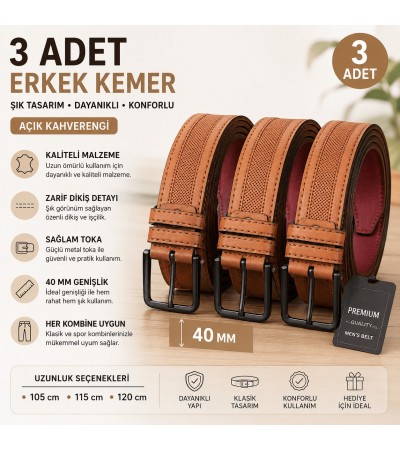 AÇIK KAHVERENGİ ERKEK KEMERİ 3 adet 40 MM (105-115-120 cm)