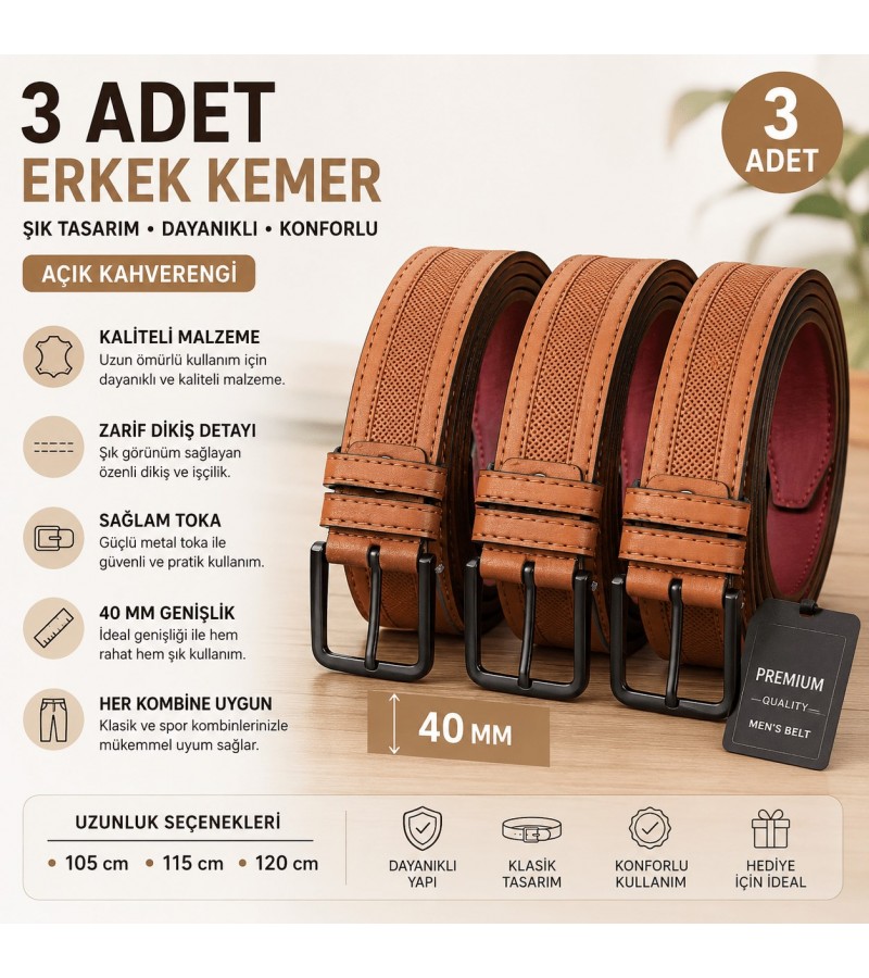 AÇIK KAHVERENGİ ERKEK KEMERİ 3 adet 40 MM (105-115-120 cm) AÇIK KAHVERENGİ ERKEK KEMERİ 3 adet 40 MM (105-115-120 cm)