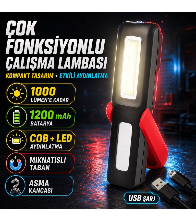 Şarj Edilebilir COB LED Çalışma Lambası, 1200 mAh Bataryalı, Mıknatıslı Tabanlı, Asma Kancalı Taşınabilir Işık Şarj Edilebilir COB LED Çalışma Lambası, 1200 mAh Bataryalı, Mıknatıslı Tabanlı, Asma Kancalı Taşınabilir Işık