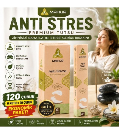 Mahur Anti Stres Premium Çubuk Tütsü 120 Adet – 6 Kutu x 20 Çubuk, Hoş Kokulu Ev ve Ortam Tütsüsü, Meditasyon, Yoga ve Günlük Kullanım İçin Mahur Anti Stres Premium Çubuk Tütsü 120 Adet – 6 Kutu x 20 Çubuk, Hoş Kokulu Ev ve Ortam Tütsüsü, Meditasyon, Yoga ve Günlük Kullanım İçin