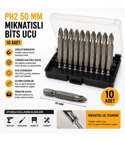 PH2 50 mm Mıknatıslı Bits Ucu Seti | 10 Adet S2 Çelik Tornavida Ucu | Kutulu