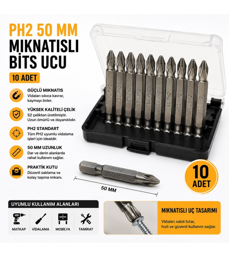 PH2 50 mm Mıknatıslı Bits Ucu Seti | 10 Adet S2 Çelik Tornavida Ucu | Kutulu