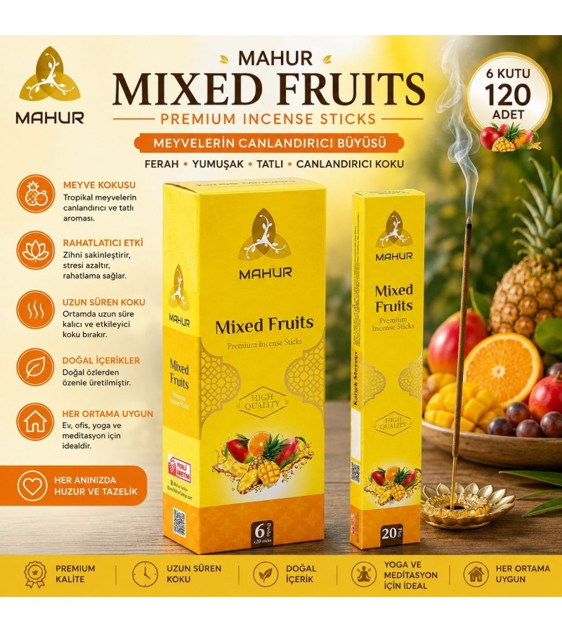Mahur Mixed Fruits Karışık Meyve Kokulu Tütsü 120 Adet – 6 Kutu x 20 Çubuk, Premium Çubuk Tütsü, Ev Ofis ve Ortam Kokulandırma İçin Mahur Mixed Fruits Karışık Meyve Kokulu Tütsü 120 Adet – 6 Kutu x 20 Çubuk, Premium Çubuk Tütsü, Ev Ofis ve Ortam Kokulandırma İçin