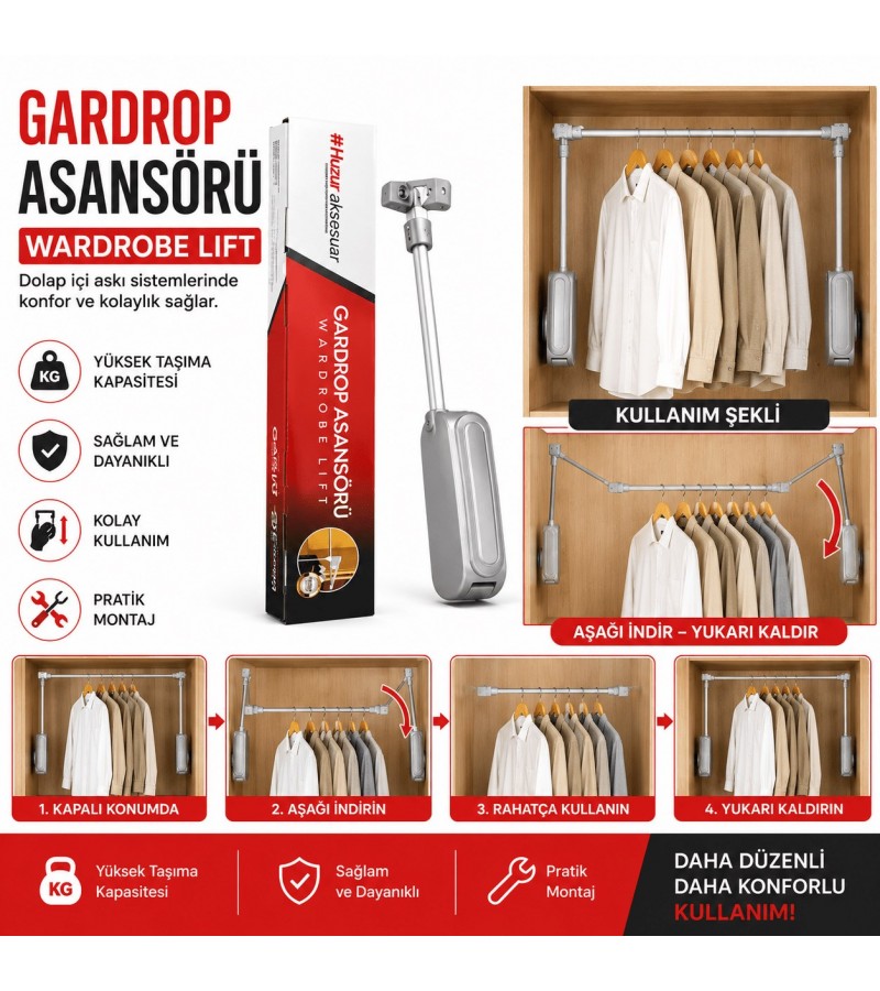 Gardrop Asansörü Wardrobe Lift | Aşağı İnebilen Dolap Askı Sistemi | Ergonomik Elbise Askılığı