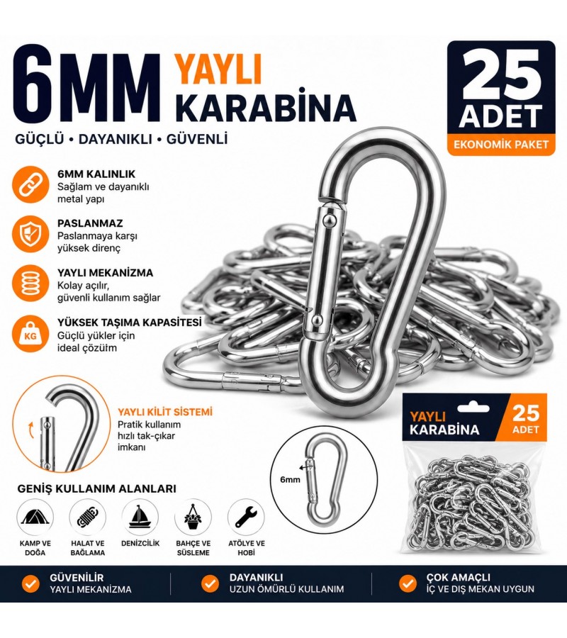 6 mm Yaylı Karabina 25 Adet – Paslanmaz Metal Klips Karabina Kanca, Çok Amaçlı Kullanım 6 mm Yaylı Karabina 25 Adet – Paslanmaz Metal Klips Karabina Kanca, Çok Amaçlı Kullanım