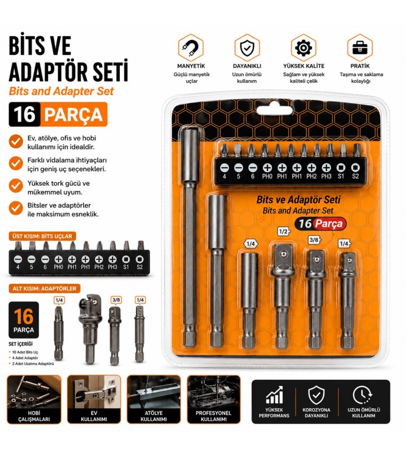 BİTS UÇLARI VE ADAPTÖR SETİ 16 PCS BİTS UÇLARI VE ADAPTÖR SETİ 16 PCS