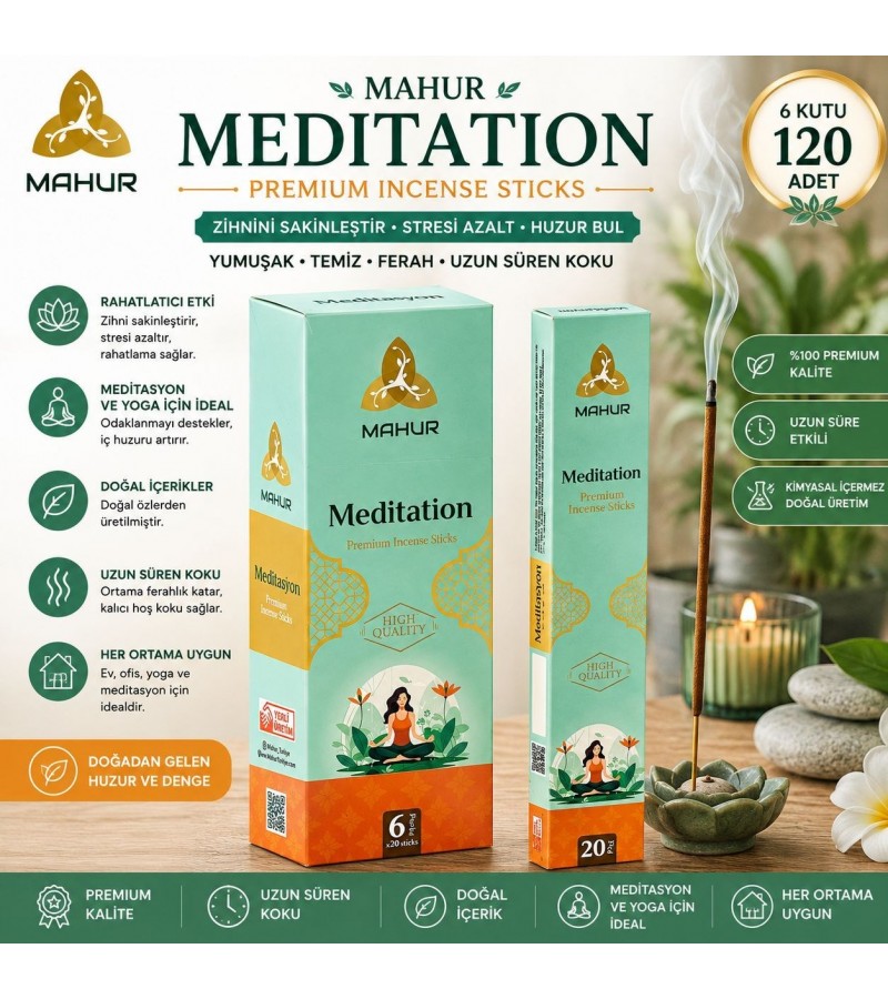 Mahur Meditation Tütsü 120 Adet – 6 Kutu x 20 Çubuk, Premium Kokulu Çubuk Tütsü, Meditasyon Yoga Ev ve Ofis İçin Ortam Kokusu
