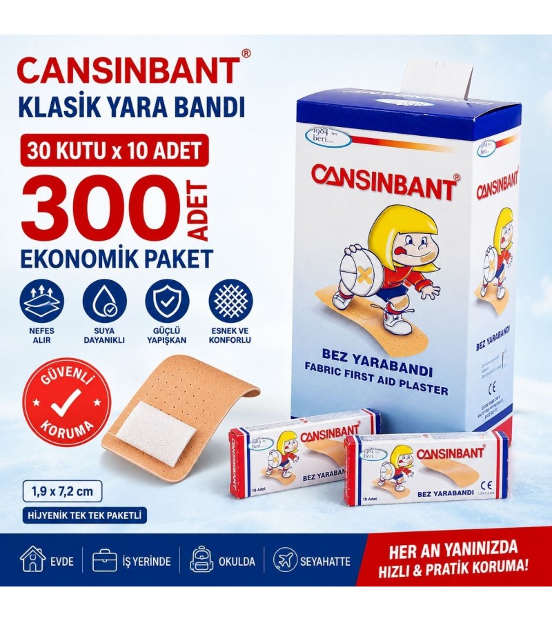 300 Adet Klasik Bez Yara Bandı – 30 Kutu x 10 Adet, Kutulu İlk Yardım Bandı, Ev, Ofis, Okul ve Seyahat İçin Pratik Kullanım