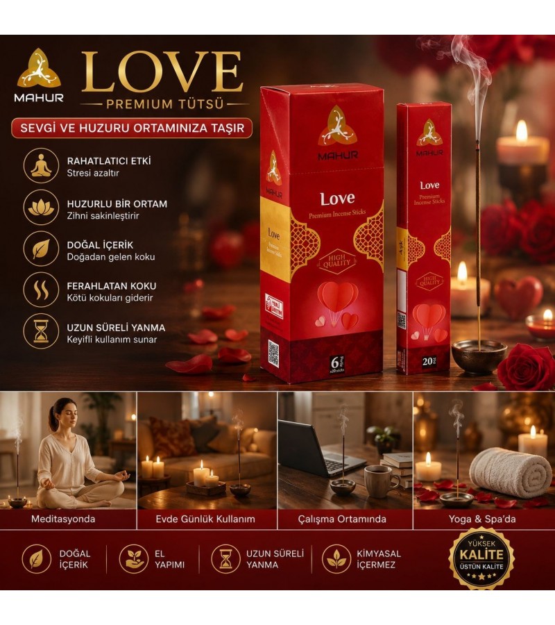 Mahur Love Premium Çubuk Tütsü 120 Adet – 6 Kutu x 20 Çubuk, Hoş Kokulu Ortam Tütsüsü, Ev, Ofis, Meditasyon, Yoga ve Spa Kullanımı İçin