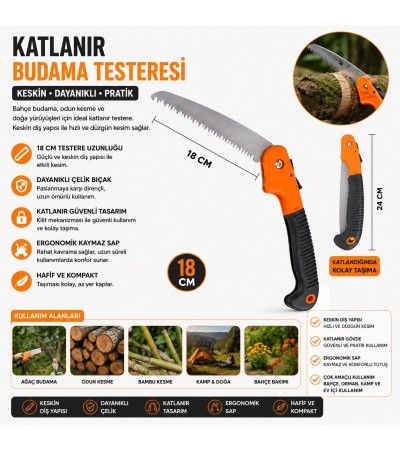 18 cm Katlanır Budama Testeresi | Bahçe Dal Kesme El Testeresi | Kilit Mekanizmalı