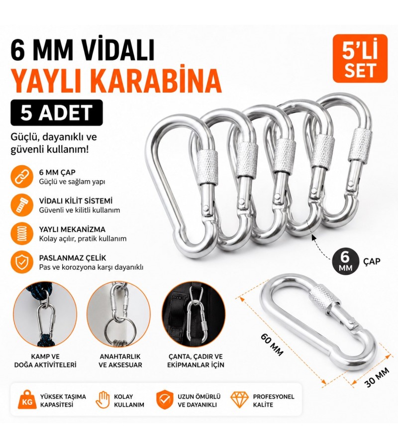 6 mm Vidalı Yaylı Karabina 5'li Set | Paslanmaz Çelik Kilitli Karabina Kanca 6 mm Vidalı Yaylı Karabina 5'li Set | Paslanmaz Çelik Kilitli Karabina Kanca