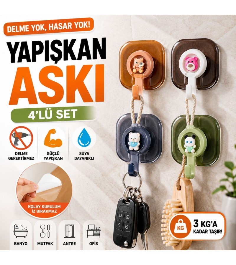 4’lü Figürlü Yapışkanlı Duvar Askısı Seti – Delme Gerektirmeyen Güçlü Yapışkanlı Kanca, Banyo, Mutfak, Antre ve Ofis İçin Çok Amaçlı Askılık 4’lü Figürlü Yapışkanlı Duvar Askısı Seti – Delme Gerektirmeyen Güçlü Yapışkanlı Kanca, Banyo, Mutfak, Antre ve Ofis İçin Çok Amaçlı Askılık