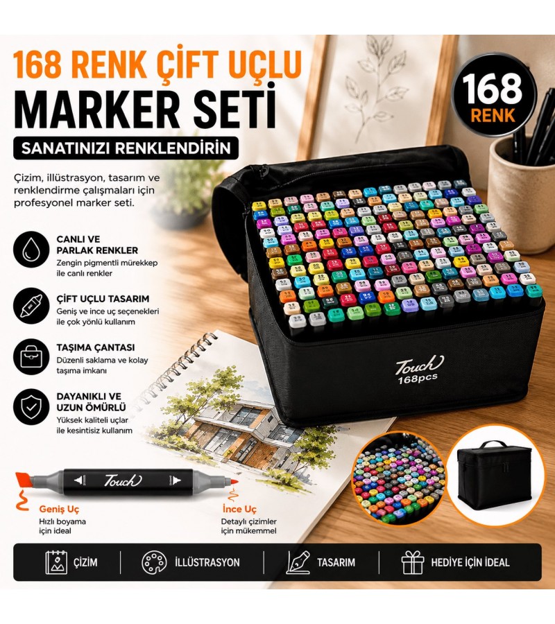 168 Renk Çift Uçlu Profesyonel Marker Kalem Seti – Taşıma Çantalı Çizim ve Tasarım Kalemleri