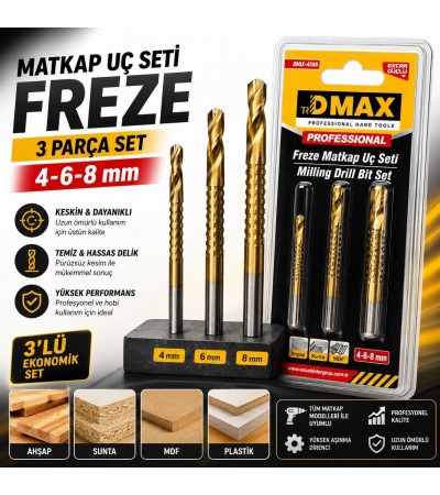 3 Parça Freze Matkap Ucu Seti 4-6-8 mm – Ahşap, MDF ve Sunta İçin Frezeleme ve Delme Uçları, Matkap Uyumlu Kesici Uç Seti