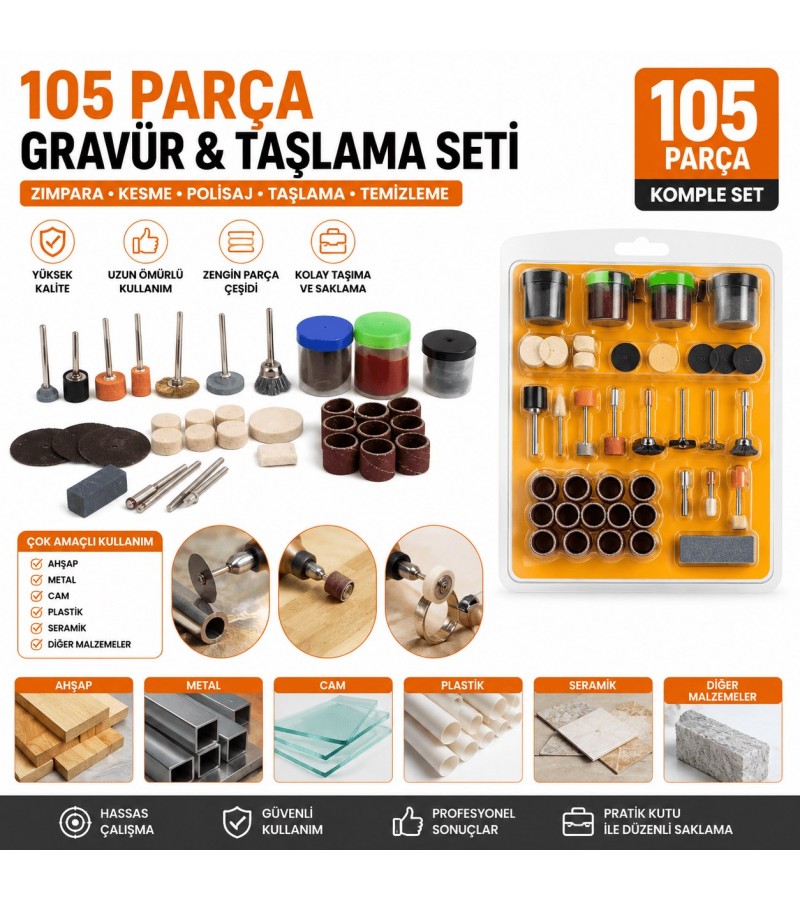 105 Parça Gravür, Zımpara ve Polisaj Aksesuar Seti | Mini Taşlama Uyumlu Çok Amaçlı Set 105 Parça Gravür, Zımpara ve Polisaj Aksesuar Seti | Mini Taşlama Uyumlu Çok Amaçlı Set