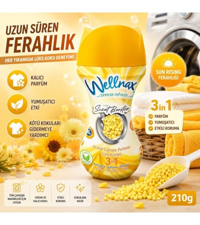 Granül Çamaşır Parfümü Sun Rising 210 gr – 3’ü 1 Arada Çamaşır Koku Boncukları, Parfüm ve Yumuşatıcı Etkili Scent Booste