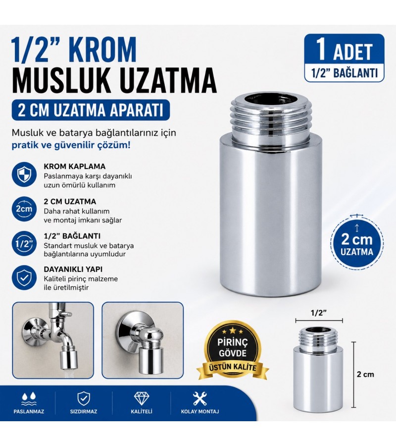 1/2" Krom Musluk Uzatma 2 cm – Pirinç Krom Kaplama Musluk Bağlantı Uzatma Aparatı (1 Adet) 1/2" Krom Musluk Uzatma 2 cm – Pirinç Krom Kaplama Musluk Bağlantı Uzatma Aparatı (1 Adet)