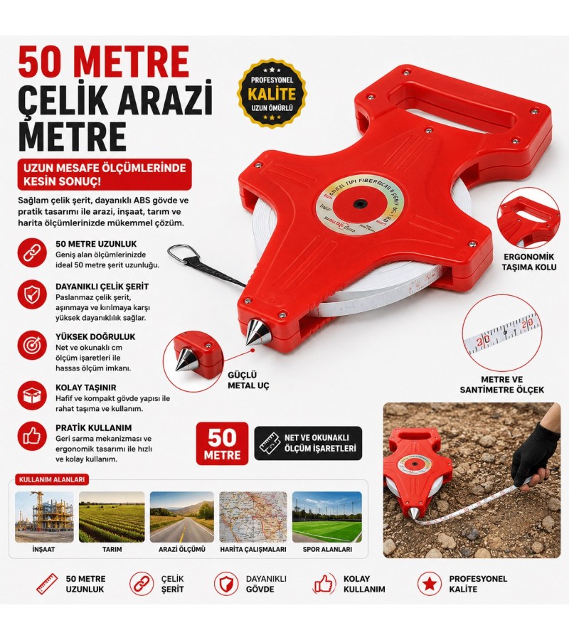 50 Metre Çelik Arazi Metresi | Profesyonel Şerit Metre | Dayanıklı Ölçüm Bandı