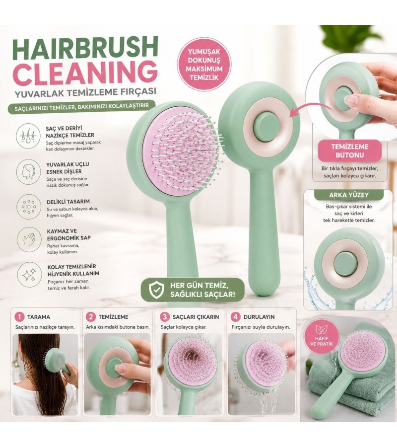 Yuvarlak Saç Fırçası – Tek Tuşla Kolay Temizlenen Hairbrush, Esnek Uçlu Saç Açma ve Tarama Fırçası, Ergonomik Saplı Pratik Saç Bakım Fırçası