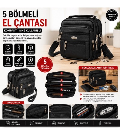 5 Bölmeli DERİ Erkek El Çantası – 20 × 15 × 10 cm | Omuz Askılı, Çok Gözlü, Günlük ve Seyahat Kullanımına Uygun