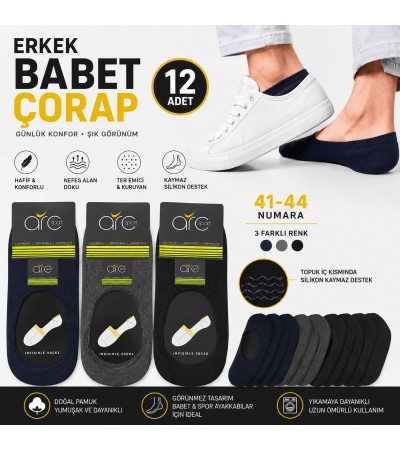 12 Çift, Erkek Babet Çorabı-Nefes Alabilen Ter Emici Pamuklu Kaymaz Loafer Çorabı,