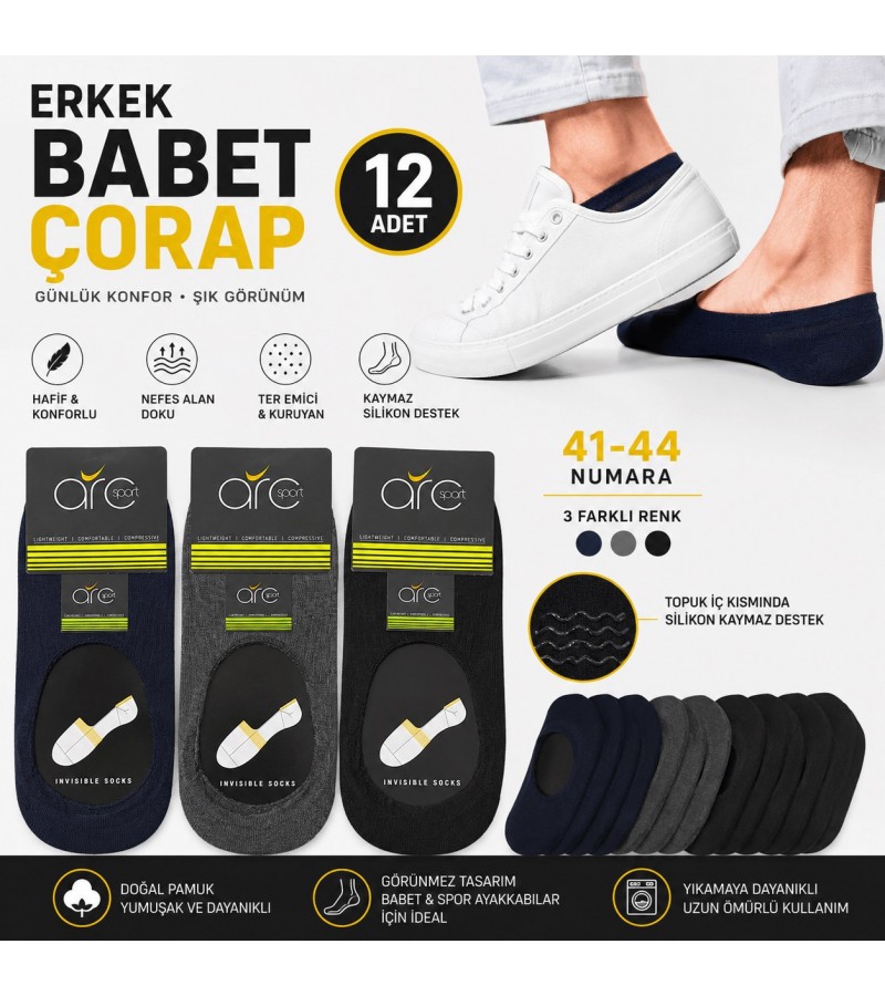 12 Çift, Erkek Babet Çorabı-Nefes Alabilen Ter Emici Pamuklu Kaymaz Loafer Çorabı,