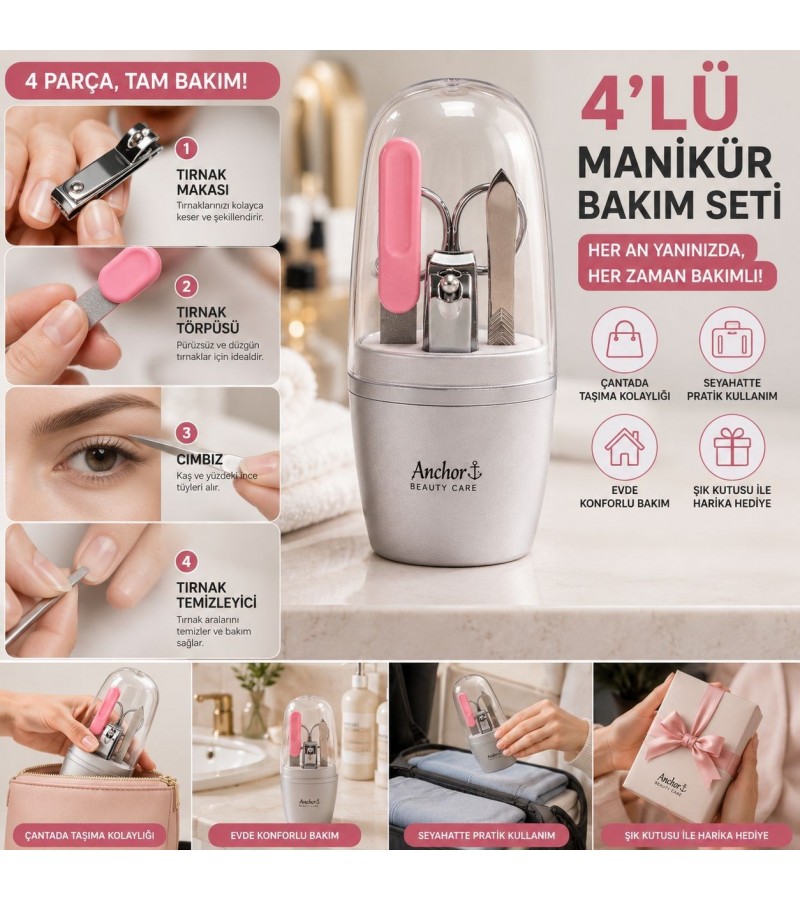 4’lü Manikür Pedikür Bakım Seti – Tırnak Makası, Törpü, Cımbız ve Bakım Aparatlı Kompakt Taşınabilir Kişisel Bakım Seti 4’lü Manikür Pedikür Bakım Seti – Tırnak Makası, Törpü, Cımbız ve Bakım Aparatlı Kompakt Taşınabilir Kişisel Bakım Seti