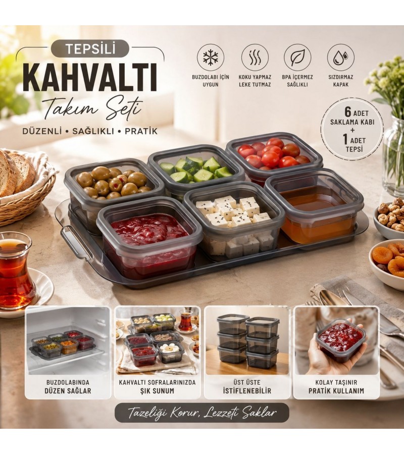 6’lı Kahvaltılık Saklama Kabı Seti Tepsili – Kapaklı Şeffaf Kahvaltı Takımı, Peynir, Zeytin, Reçel, Bal ve Atıştırmalık İçin Mutfak Düzenleyici Set