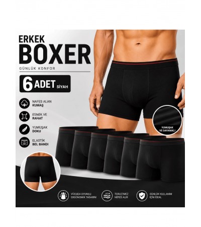 6'lı Erkek Boxer Siyah Esnek Bel Bantlı Rahat Günlük Boxer İç Çamaşırı 6'lı Erkek Boxer Siyah Esnek Bel Bantlı Rahat Günlük Boxer İç Çamaşırı