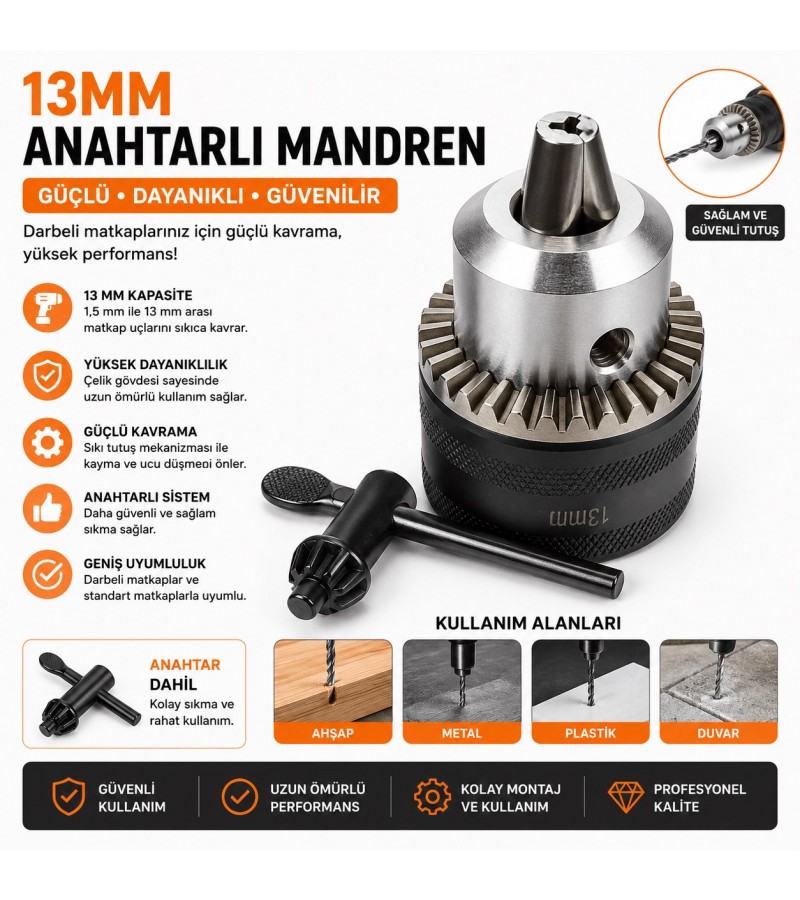 13 mm Anahtarlı Mandren | Metal Matkap Mandreni | Mandren Anahtarı Dahil 13 mm Anahtarlı Mandren | Metal Matkap Mandreni | Mandren Anahtarı Dahil