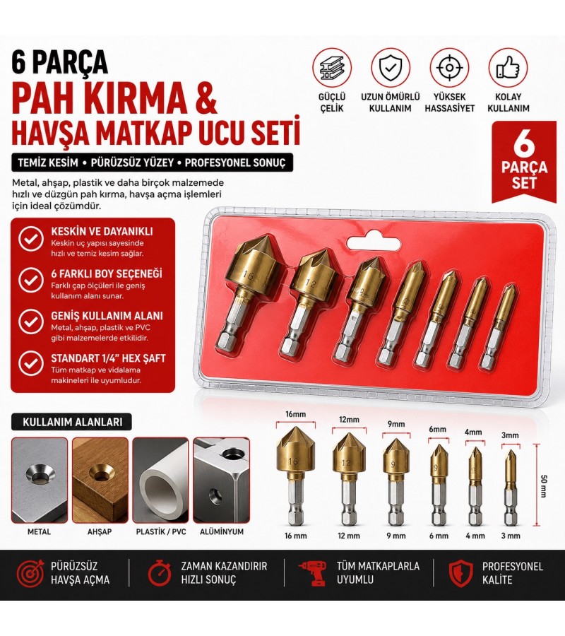 PAH KIRMA HAVŞA MATKAP UCU SETİ 6 PARÇA PAH KIRMA HAVŞA MATKAP UCU SETİ 6 PARÇA